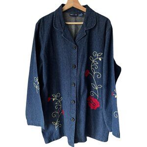 Vintage Simply Plus 2X Denim Cotton Jacket Floral Appliqué Button Front Artsy